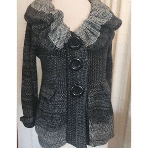 C3 Multiples sweater cardigan with ruffled collar and large buttons